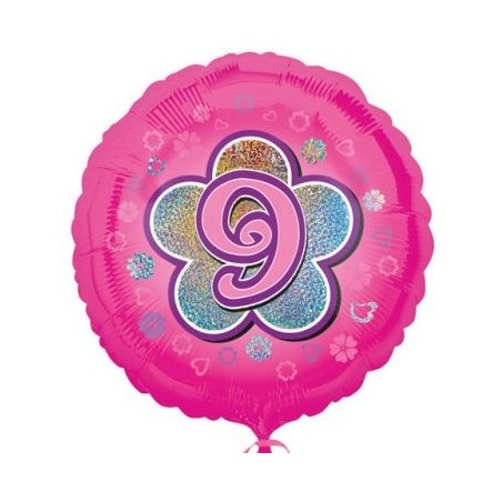 BALLON METALLIQUE CHIFFRE ROND 45 CM 9 SUR FOND ROSE