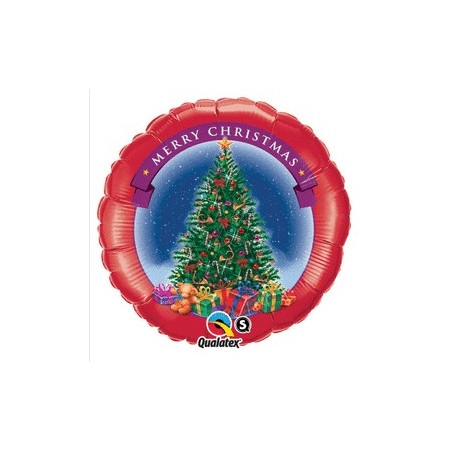 BALLON METALLIQUE ROND MERRY CHRISTMAS SAPIN QUALATEX 46 CM