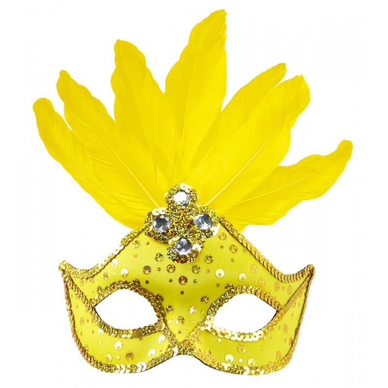 MASQUE  JAUNE AVEC PLUME BRESIL 