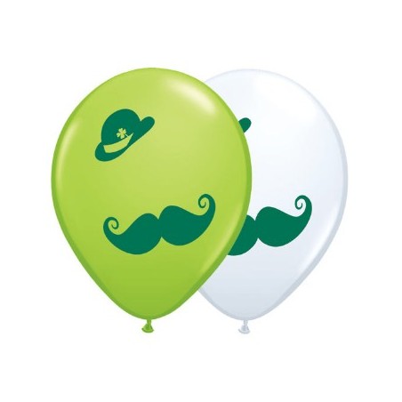 50 BALLONS 11" QUALATEX VERT ET BLANC MOUSTACHE SAINT PATRICK