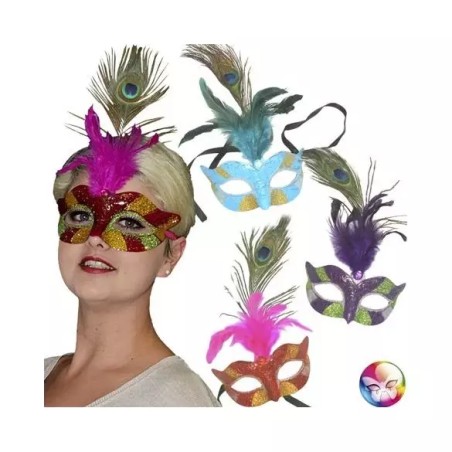 LOUP OU DEMI MASQUE PLUME DE PAON COULEURS ASSORTIES