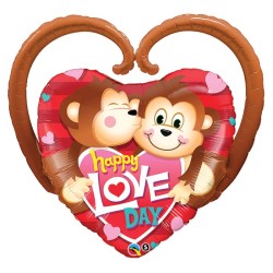 BALLON COEUR METALLIQUE HAPPY LOVE DAY AVEC DES SINGES