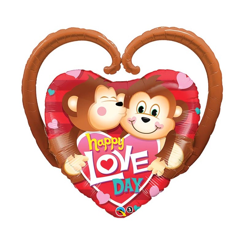 BALLON COEUR METALLIQUE HAPPY LOVE DAY AVEC DES SINGES