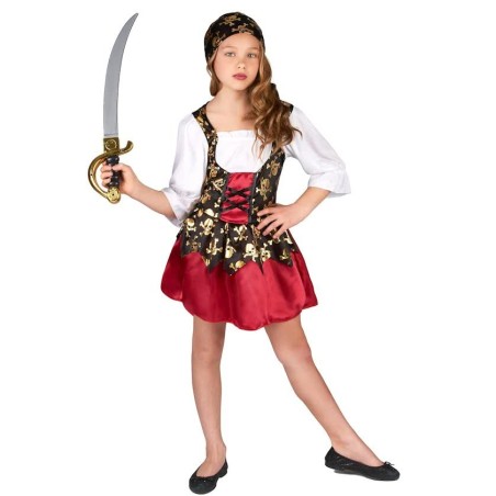 DEGUISEMENT ROBE PIRATE ROUGE TETES DE MORT DOREES TAILLE 3-4 ANS