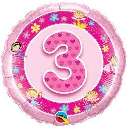 BALLON METALLIQUE ROND 3 ANS ROSE FEE 46 CM