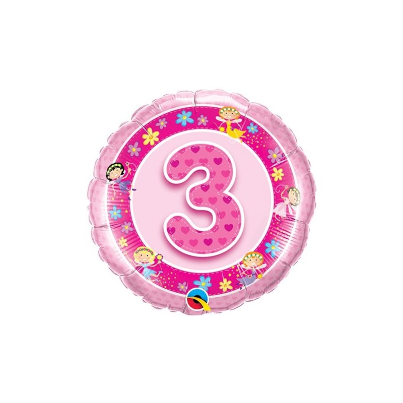 BALLON METALLIQUE ROND 3 ANS ROSE FEE 46 CM