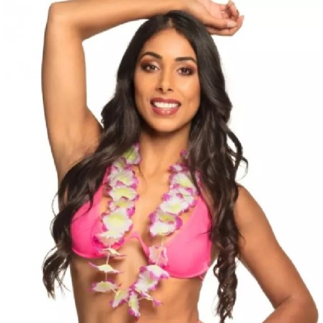 COLLIER HAWAIEN GROSSE FLEURS VIOLET ET BLANC 