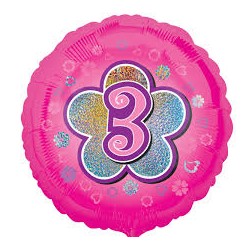 BALLON METALLIQUE CHIFFRE ROND 45 CM 3 SUR FOND ROSE