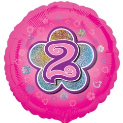 BALLON METALLIQUE ROND 43 CM CHIFFRE 2 FOND ROSE