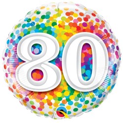 BALLON METALLIQUE ANNIVERSAIRE CHIFFRE 80 CONFETTIS MULTICOLORE 46 CM