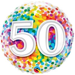 BALLON METALLIQUE ANNIVERSAIRE CHIFFRE 50 CONFETTIS MULTICOLORE 46 CM