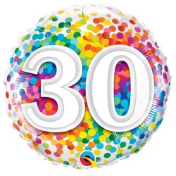 BALLON METALLIQUE ANNIVERSAIRE CHIFFRE 30 CONFETTIS MULTICOLORE 46 CM