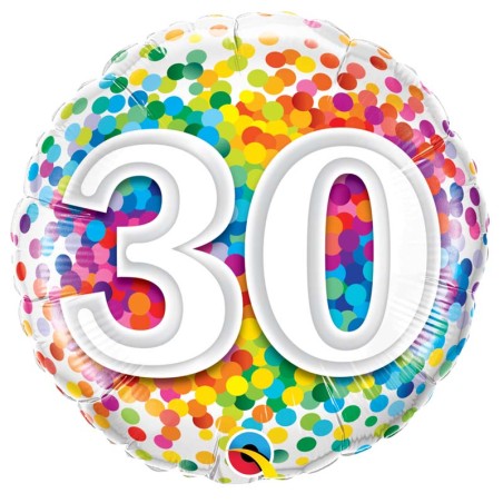 BALLON METALLIQUE ANNIVERSAIRE CHIFFRE 30 CONFETTIS MULTICOLORE 46 CM