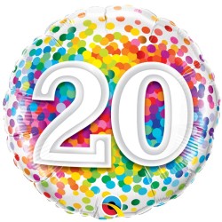 BALLON METALLIQUE ANNIVERSAIRE CHIFFRE 20 CONFETTIS MULTICOLORE 46 CM