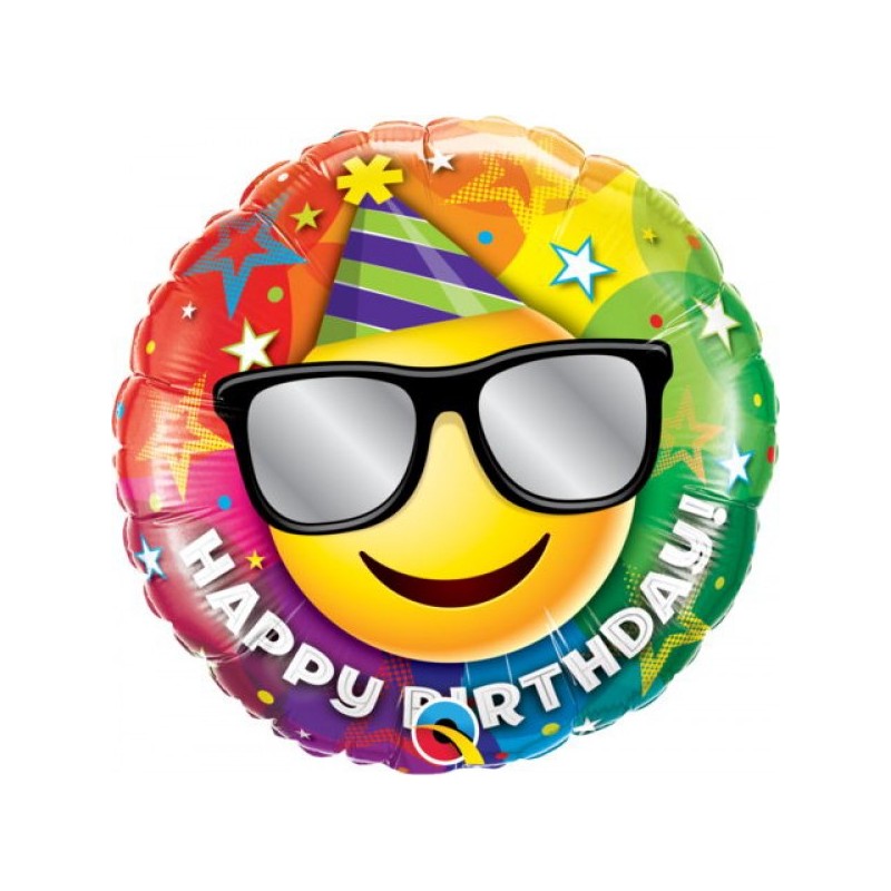 BALLON METALLIQUE ROND BIRTHDAY SMILEY LUNETTES 46 CM