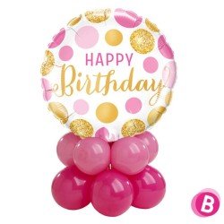 BALLON METALLIQUE ROND HAPPY BIRTHDAY BLANC ROSE ET OR 46 CM