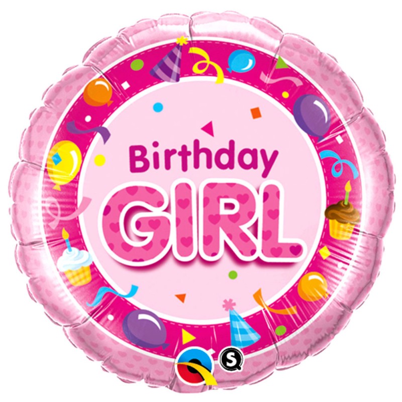 BALLON METALLIQUE ROND BIRTHDAY GIRL ROSE 46 CM