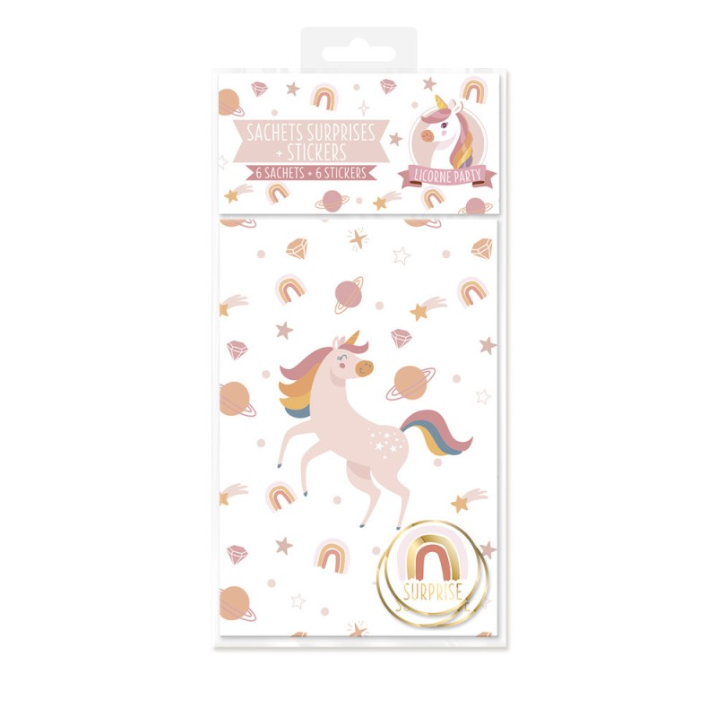 6 SACHETS DE FETE  LICORNE EN PAPIER + 6 STICKERS