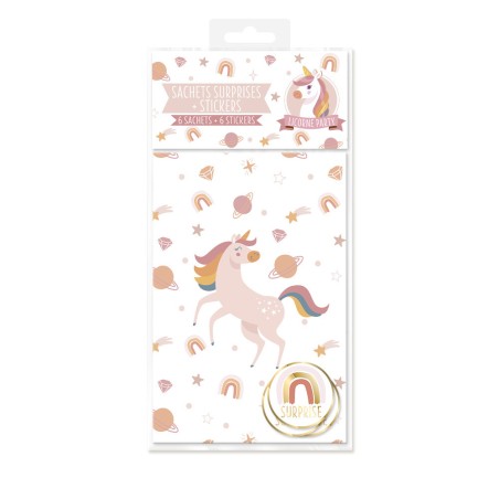 6 SACHETS DE FETE  LICORNE EN PAPIER + 6 STICKERS