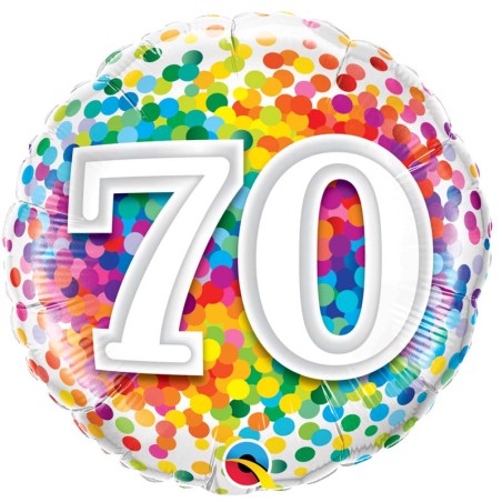 BALLON METALLIQUE ANNIVERSAIRE CHIFFRE 70 CONFETTIS MULTICOLORE 46 CM