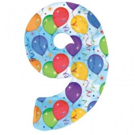 BALLON METALLIQUE CHIFFRE 9 MULTICOLORE ANNIVERSAIRE 86 CM