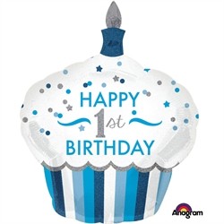 BALLON METALLIQUE CUPCAKE BOY BLEU HAPPY 1ST BIRTHDAY 73 X 91 CM