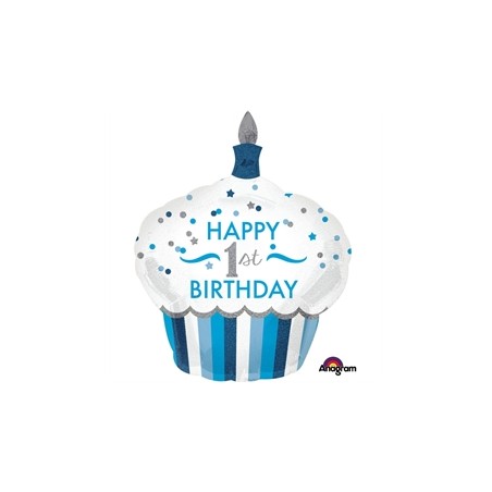 BALLON METALLIQUE CUPCAKE BOY BLEU HAPPY 1ST BIRTHDAY 73 X 91 CM