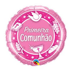 BALLON ROND METALLIQUE PRIMEIRA COMUNHAO ROSE 46 CM