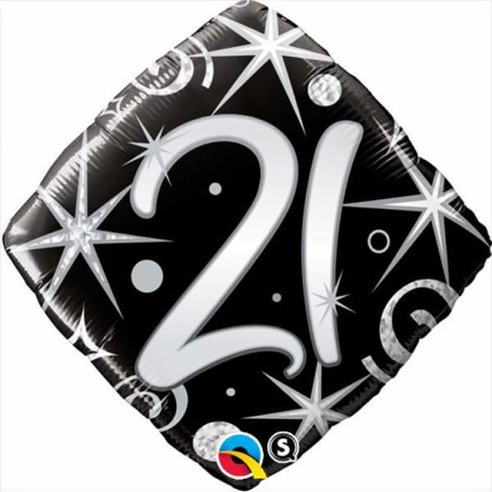 BALLON METALLIQUE ANNIVERSAIRE CHIFFRE 21 NOIR ET ARGENT 46 CM