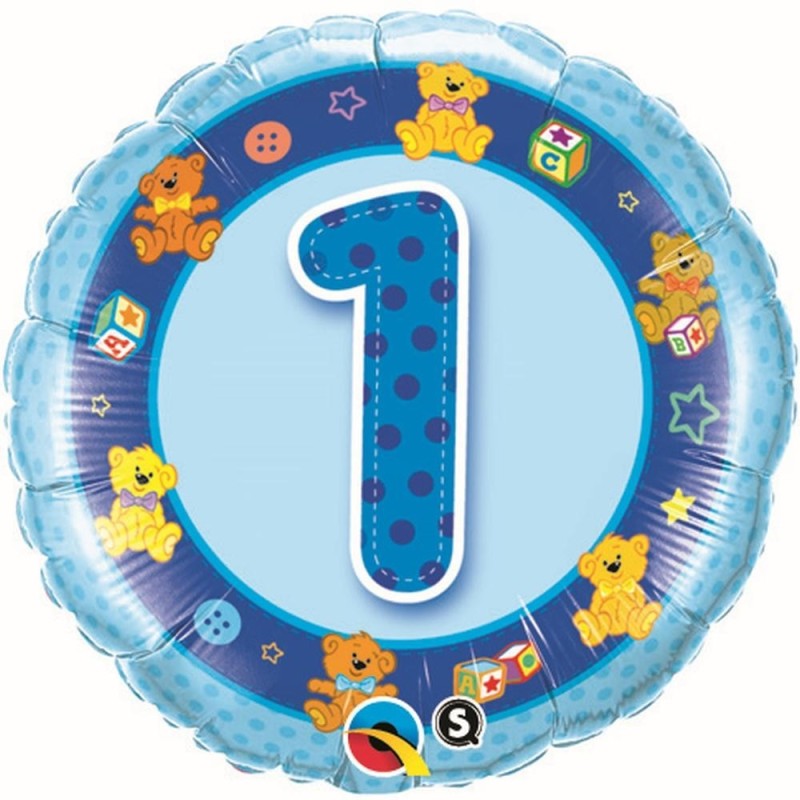 BALLON METALLIQUE ROND 1 AN BLEU TEDDIES 46 CM