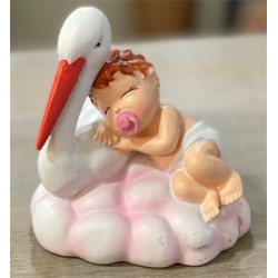 FIGURINE BEBE ROSE  SUR CIGOGNE