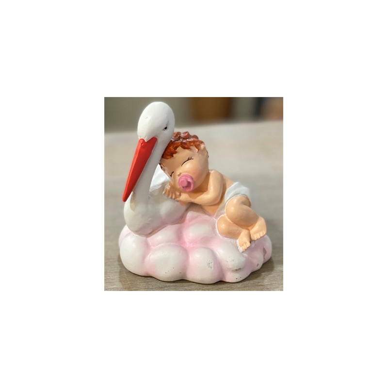 FIGURINE BEBE ROSE  SUR CIGOGNE