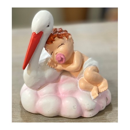 FIGURINE BEBE ROSE  SUR CIGOGNE