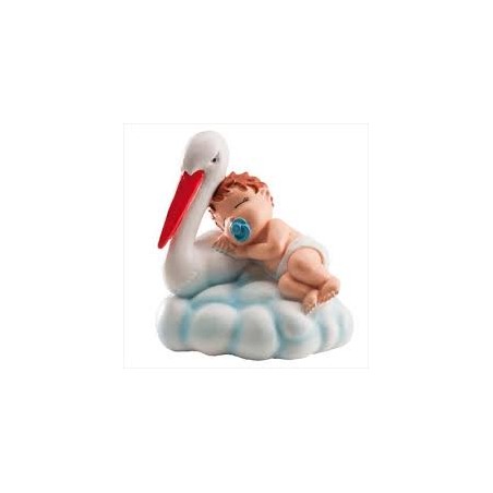 FIGURINE BEBE BLEU SUR CIGOGNE