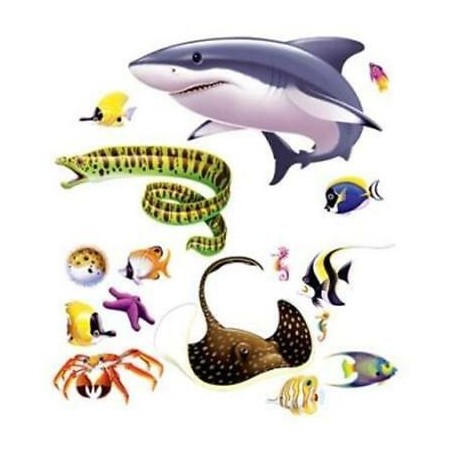 DECOR FOND MARIN RAIE REQUIN POISSONS 16 ELEMENTS