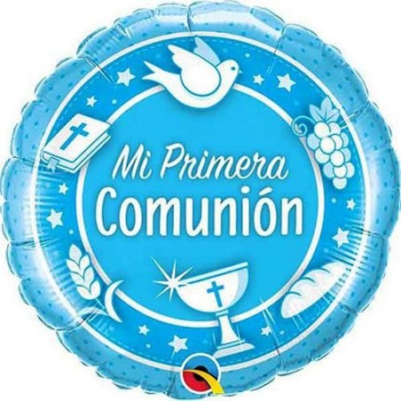 BALLON METALLIQUE ROND MI PRIMEIRA COMUNION BLEU 46 CM