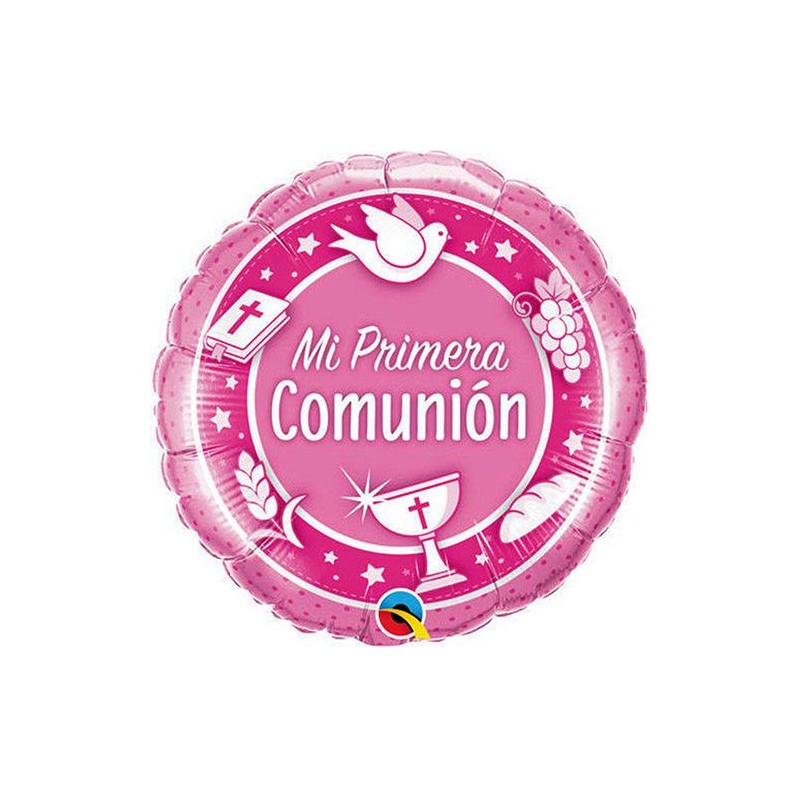 BALLON METALLIQUE ROND MI PRIMEIRA COMUNION ROSE 46 CM