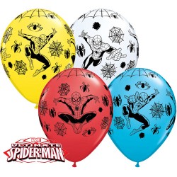 25 BALLONS LATEX QUALATEX 11 " IMPRIMES SPIDERMAN ROUGE BLEU JAUNE BLANC