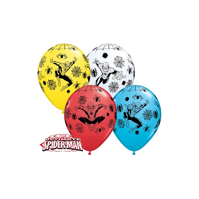 25 BALLONS LATEX QUALATEX 11 " IMPRIMES SPIDERMAN ROUGE BLEU JAUNE BLANC