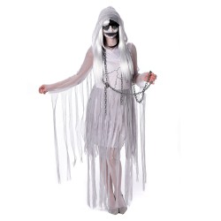 DEGUISEMENT DE FANTÔME ENCHAINEE PRISONNIERE ROBE BLANCHE LAMBEAUX TAILLE M