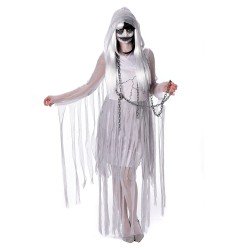 DEGUISEMENT DE FANTÔME ENCHAINEE PRISONNIERE ROBE BLANCHE LAMBEAUX TAILLE M