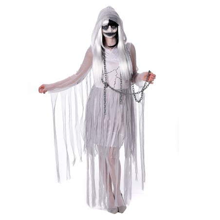DEGUISEMENT DE FANTÔME ENCHAINEE PRISONNIERE ROBE BLANCHE LAMBEAUX TAILLE M
