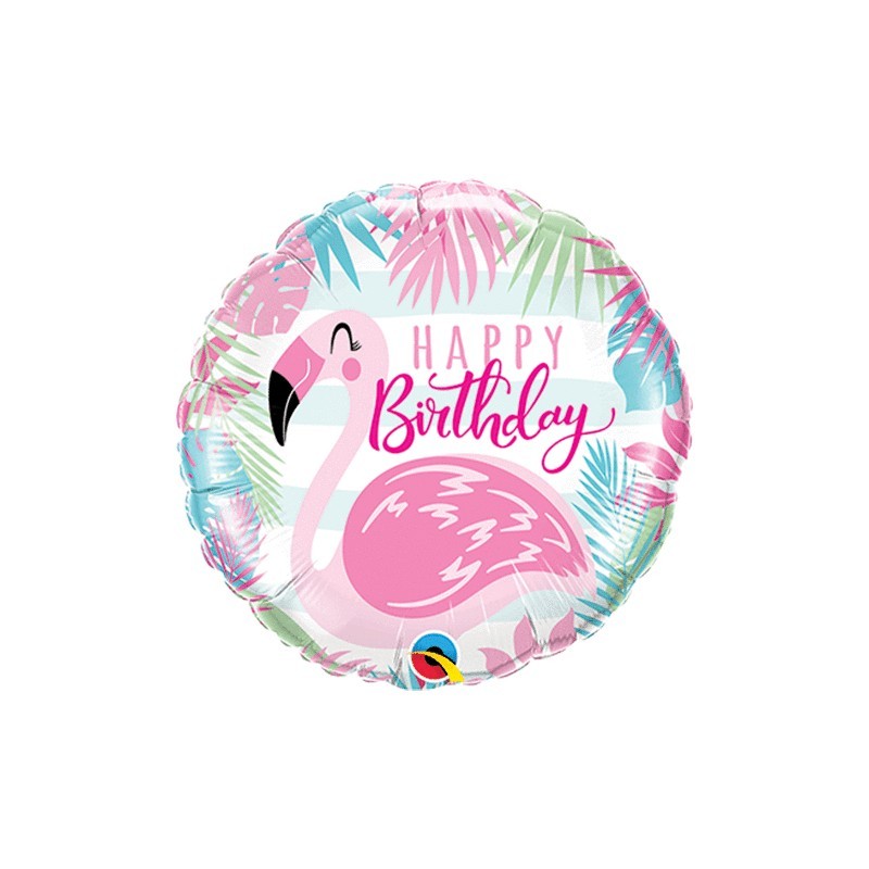 BALLON METALLIQUE ROND HAPPY BIRTHDAY AVEC FLAMANT ROSE 46 CM  BALLON METALLIQUE ROND HAPPY BIRTHDAY AVEC FLAMANT ROSE 46 CM