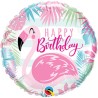 BALLON METALLIQUE ROND HAPPY BIRTHDAY AVEC FLAMANT ROSE 46 CM  BALLON METALLIQUE ROND HAPPY BIRTHDAY AVEC FLAMANT ROSE 46 CM