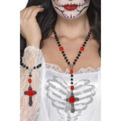 2 CHAPELETS ROUGE ET NOIR COU ET POIGNET DAY OF THE DEAD