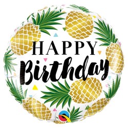 BALLON METALLIQUE ROND HAPPY BIRTHDAY ANANAS DORES 46CM