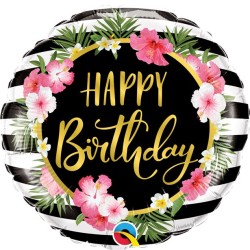 BALLON METALIQUE HAPPY BIRTHDAY FLEURS SUR FOND RAYE NOIR ET BLANC 46 CM