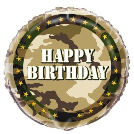 BALLON METALLIQUE ROND MILITAIRE HAPPY BIRTHDAY 46 CM 