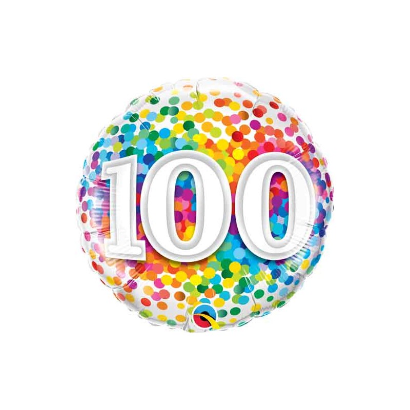 BALLON METALLIQUE ANNIVERSAIRE CHIFFRE 100 CONFETTIS MULTICOLORE 46 CM