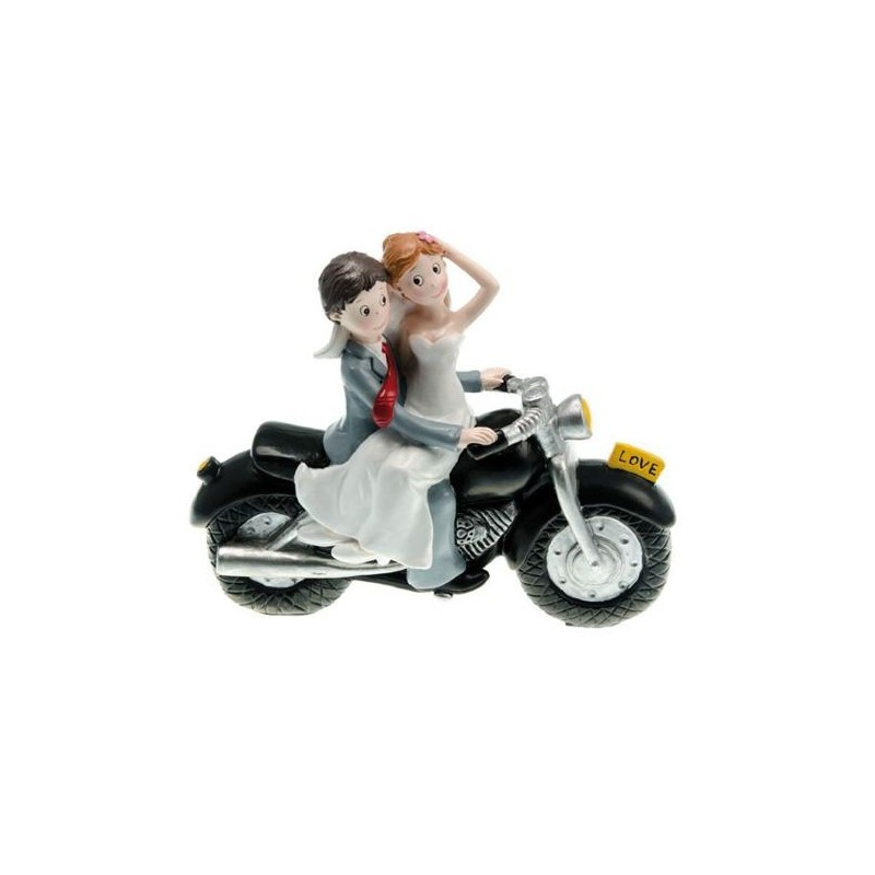 FIGURINE COUPLE DE MARIES RESINE SUR MOTO NOIRE